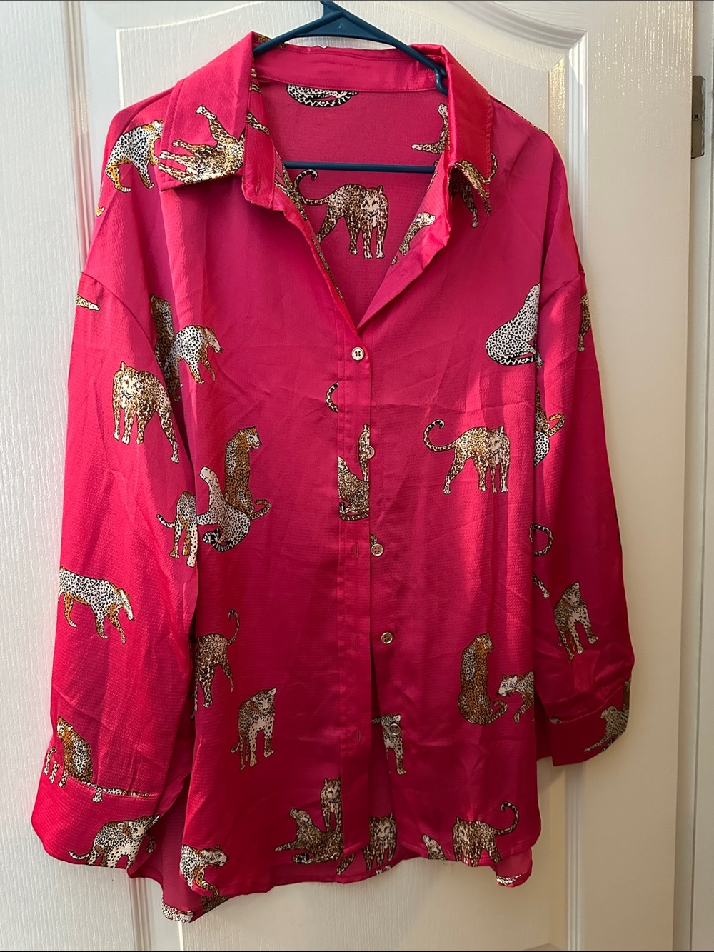 Hot Pink Leopard Print Button-Up Blouse